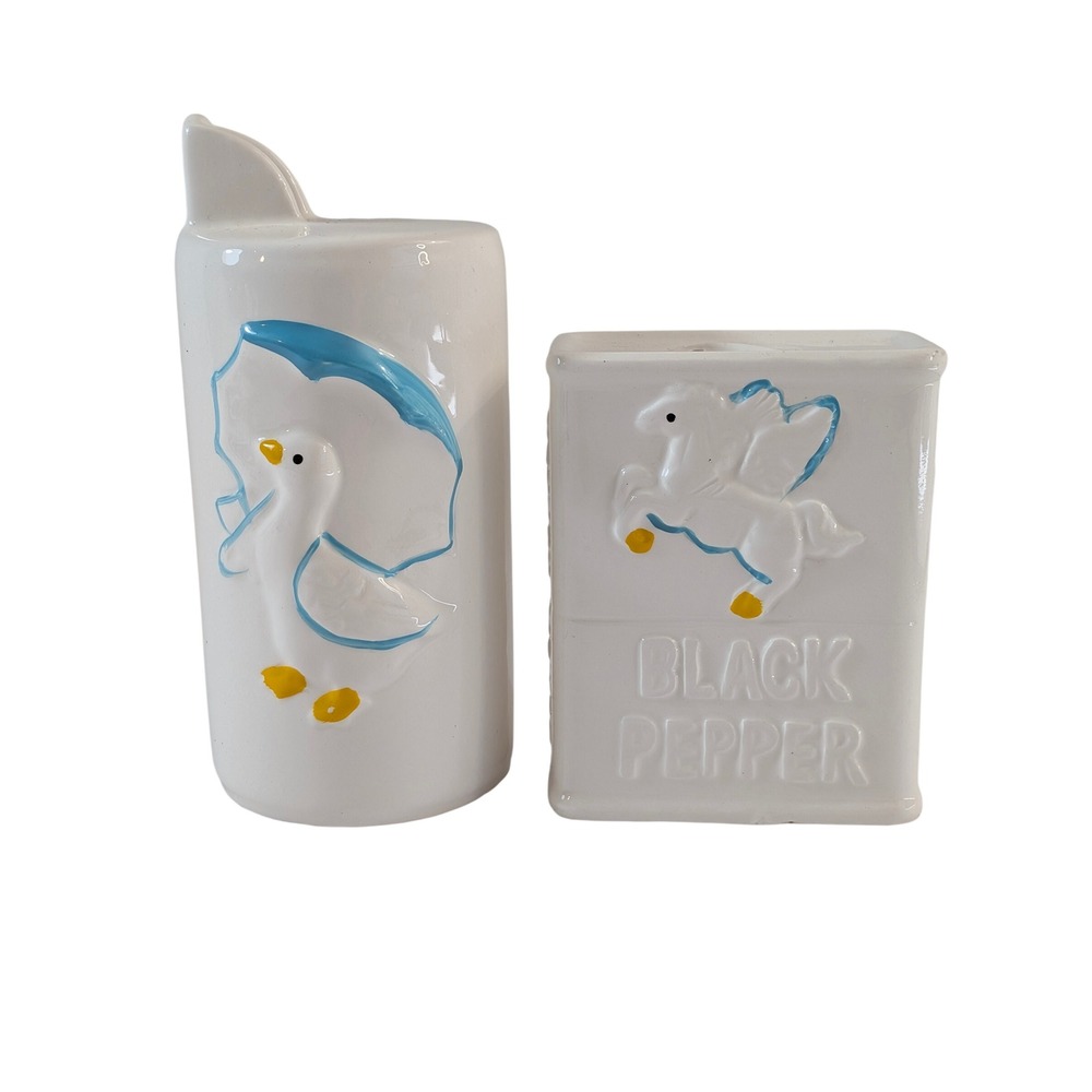 Vintage Ceramic Duck and Pegasus Salt and Pepper Shakers White Blue Made Taiwan